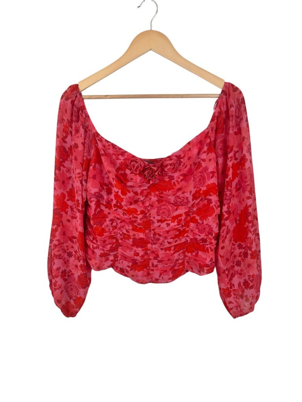 Free People Oh Lala Floral Long-Sleeve Smocked Peasant Top Rosette Details Large